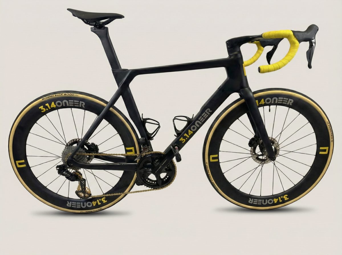 A black carbon road bike with yellow handlebar tape and 3.14ONEER branding