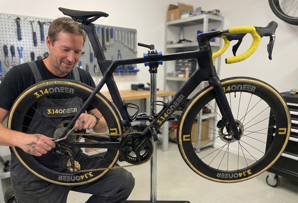 The founder assembling a 3.14ONEER bike in the workshop